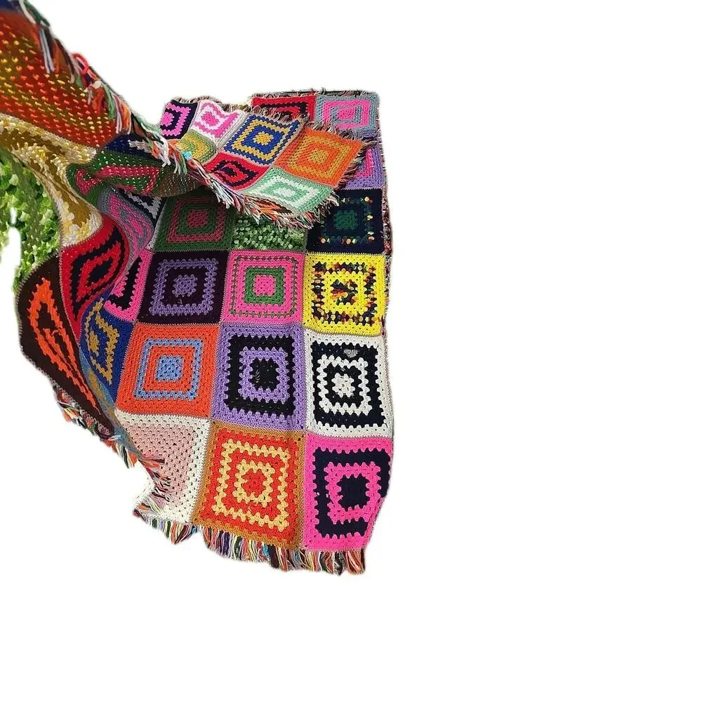 Vtg Handmade Multicolor‎ Crochet Granny Square Home Decor Afghan Blanket 80